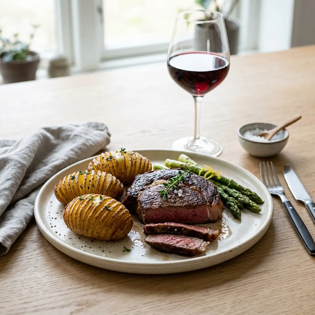 Nylaget steak med hasselbackpoteter servert på en appetittlig og hjemmelaget måte