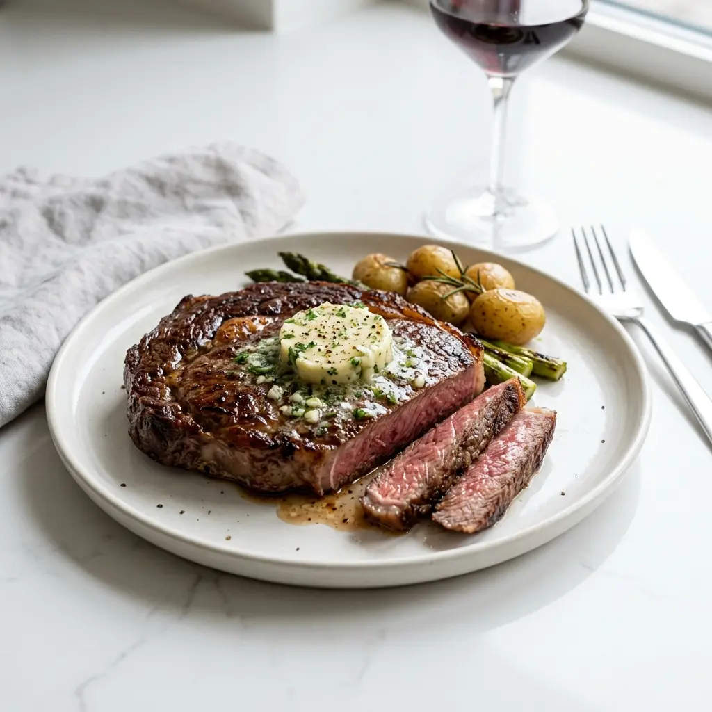 Nylaget steak med hvitløkssmør servert på en appetittlig og hjemmelaget måte