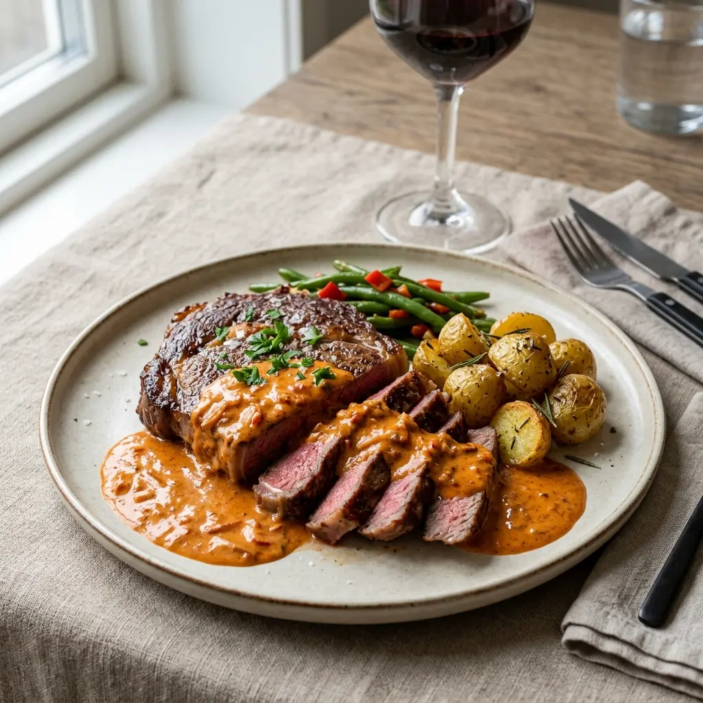 Steak med paprikasaus servert ferdig som hjemmelaget rett