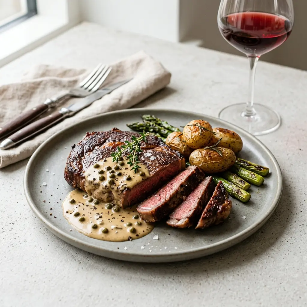 Steak med peppersaus servert ferdig som hjemmelaget rett