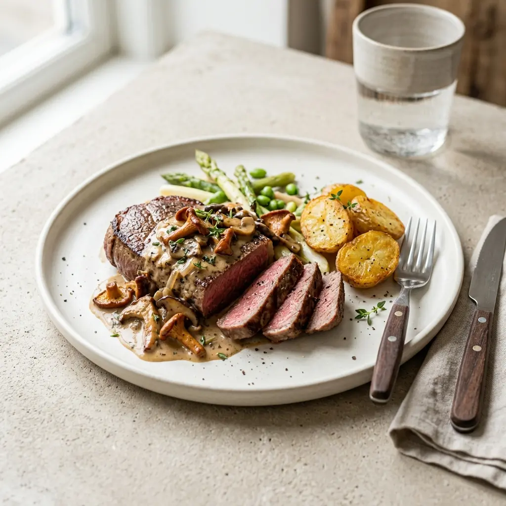 Steak med soppsaus servert ferdig som hjemmelaget rett