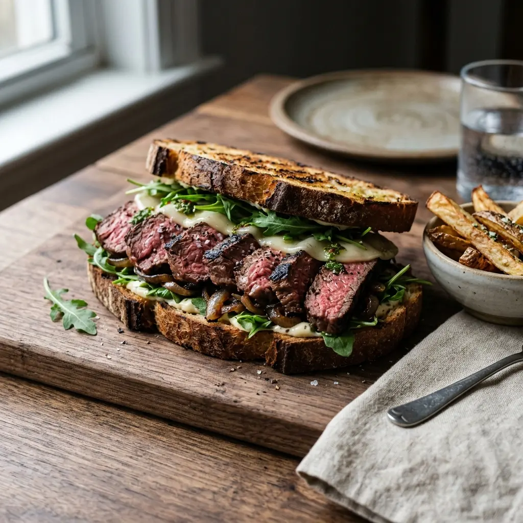 Nylaget steak sandwich servert på en appetittlig og hjemmelaget måte