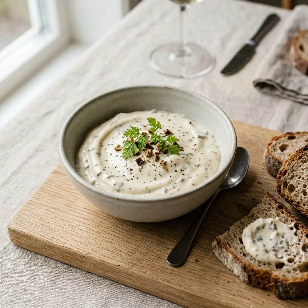 En skål med steinsoppmajones klar til servering som smakfullt tilbehør