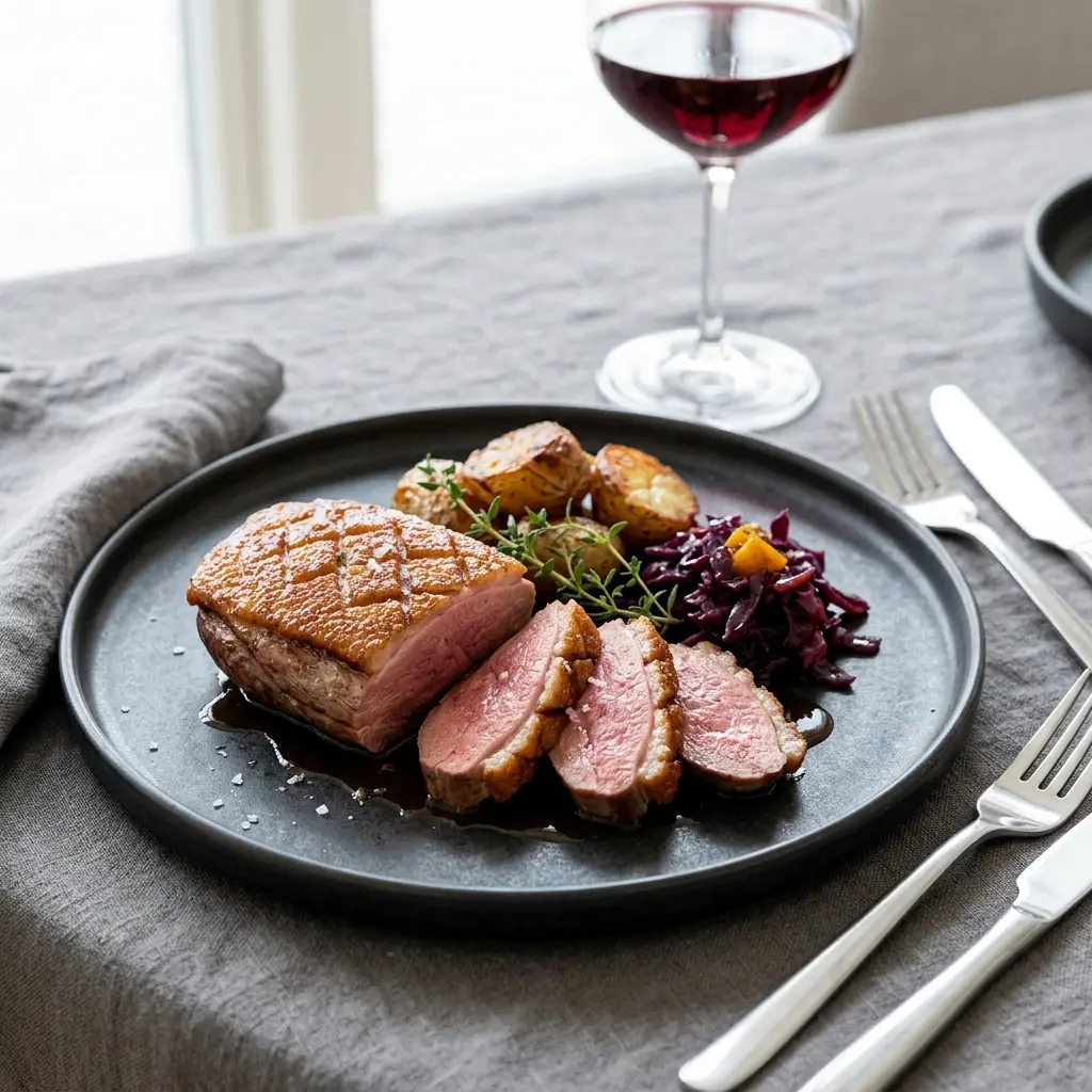 Nylaget stekt andebryst servert på en appetittlig og hjemmelaget måte