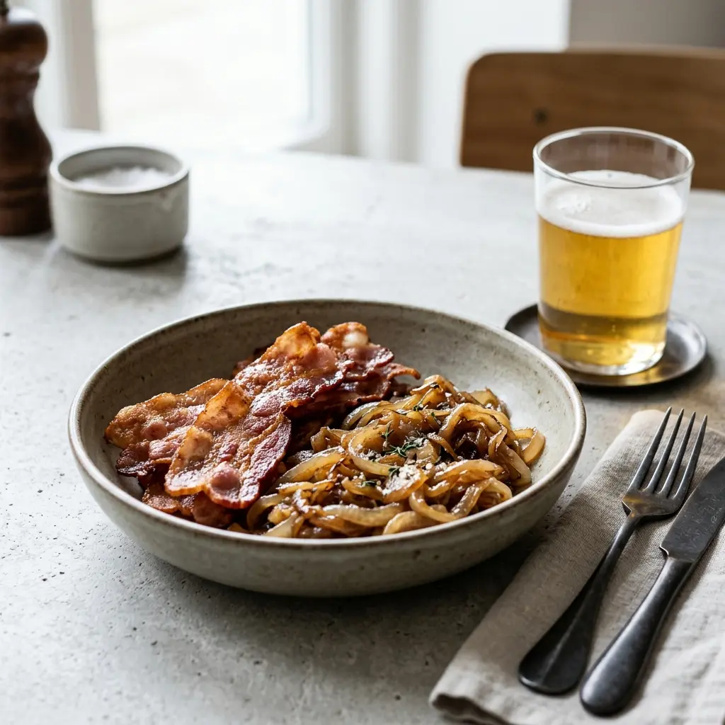 Nylaget stekt bacon med myk løk servert på en appetittlig og hjemmelaget måte