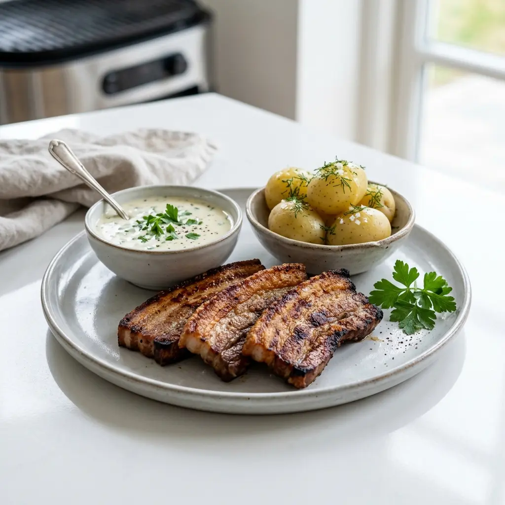 Nylaget stekt flesk på grill servert på en appetittlig og hjemmelaget måte