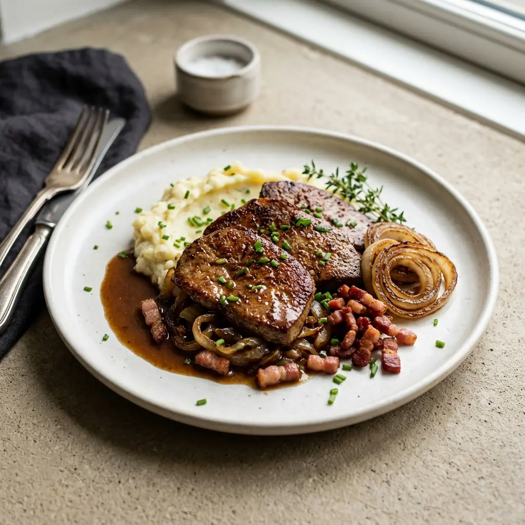 Nylaget stekt kalvelever servert på en appetittlig og hjemmelaget måte