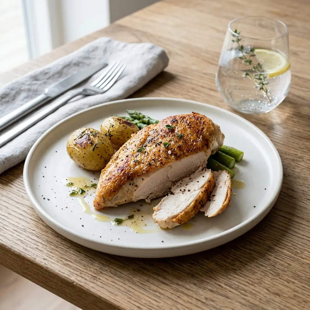 Nylaget stekt kyllingbryst servert på en appetittlig og hjemmelaget måte