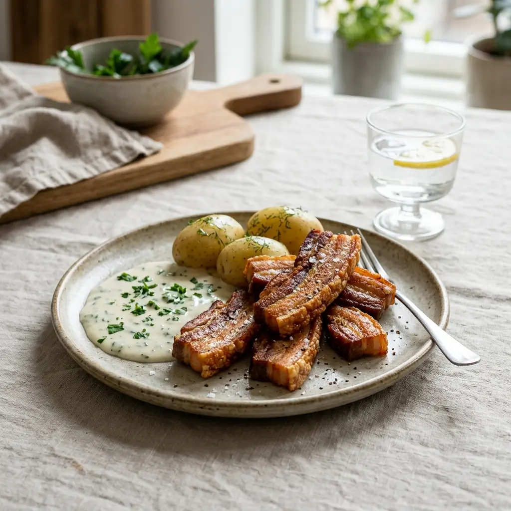 Nylaget stekt sideflesk servert på en appetittlig og hjemmelaget måte