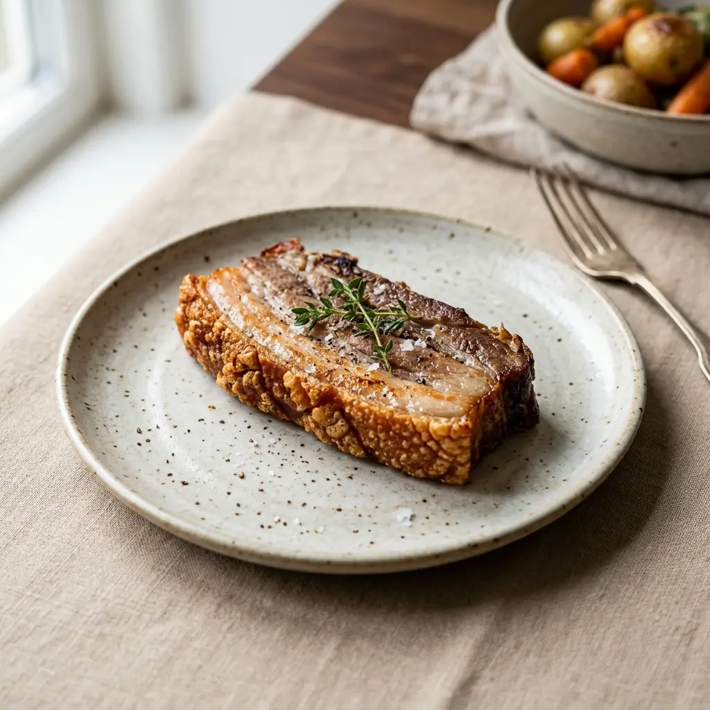 Nylaget stekt svinebryst i ovn servert på en appetittlig og hjemmelaget måte
