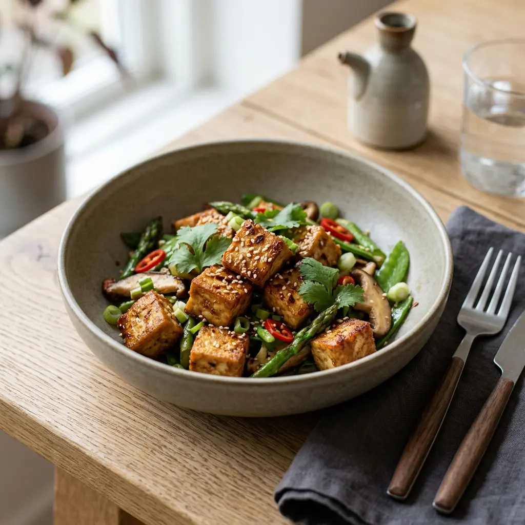 Nylaget stekt tofu servert på en appetittlig og hjemmelaget måte