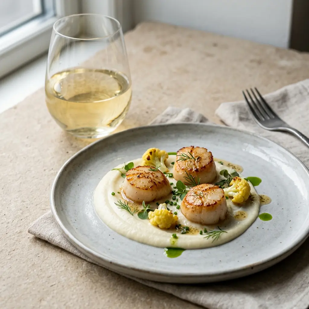 Nylaget stekte kamskjell med blomkålpuré servert på en appetittlig og hjemmelaget måte