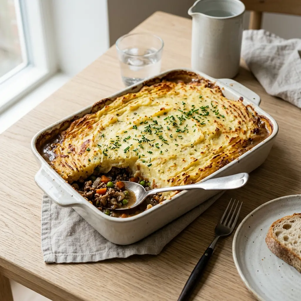 Nylaget storfekjøtt i form med potetmos servert på en appetittlig og hjemmelaget måte