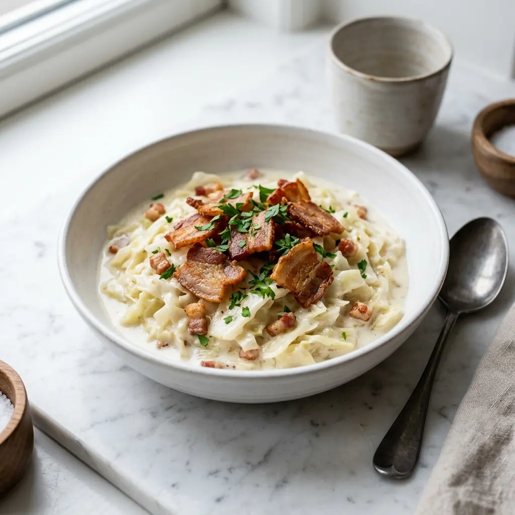 Nylaget stuet hvitkål med flesk servert på en appetittlig og hjemmelaget måte
