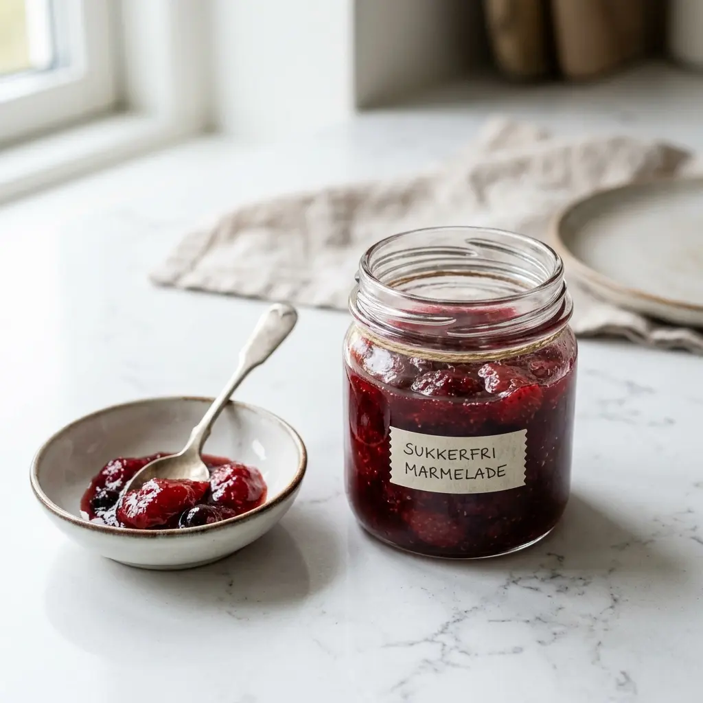 En skål med sukkerfri marmelade klar til servering som smakfullt tilbehør
