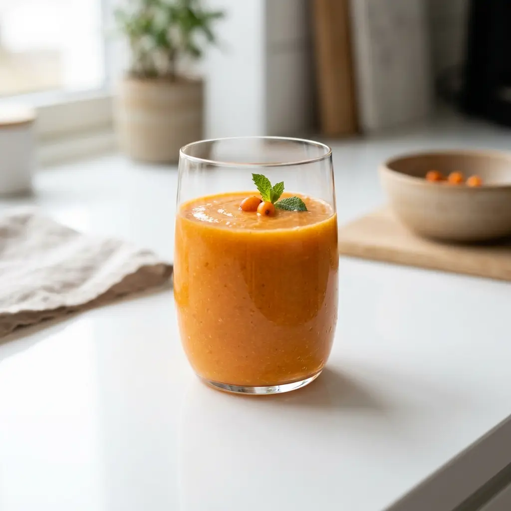 Et glass sunn smoothie servert kaldt og friskt med enkel pynt