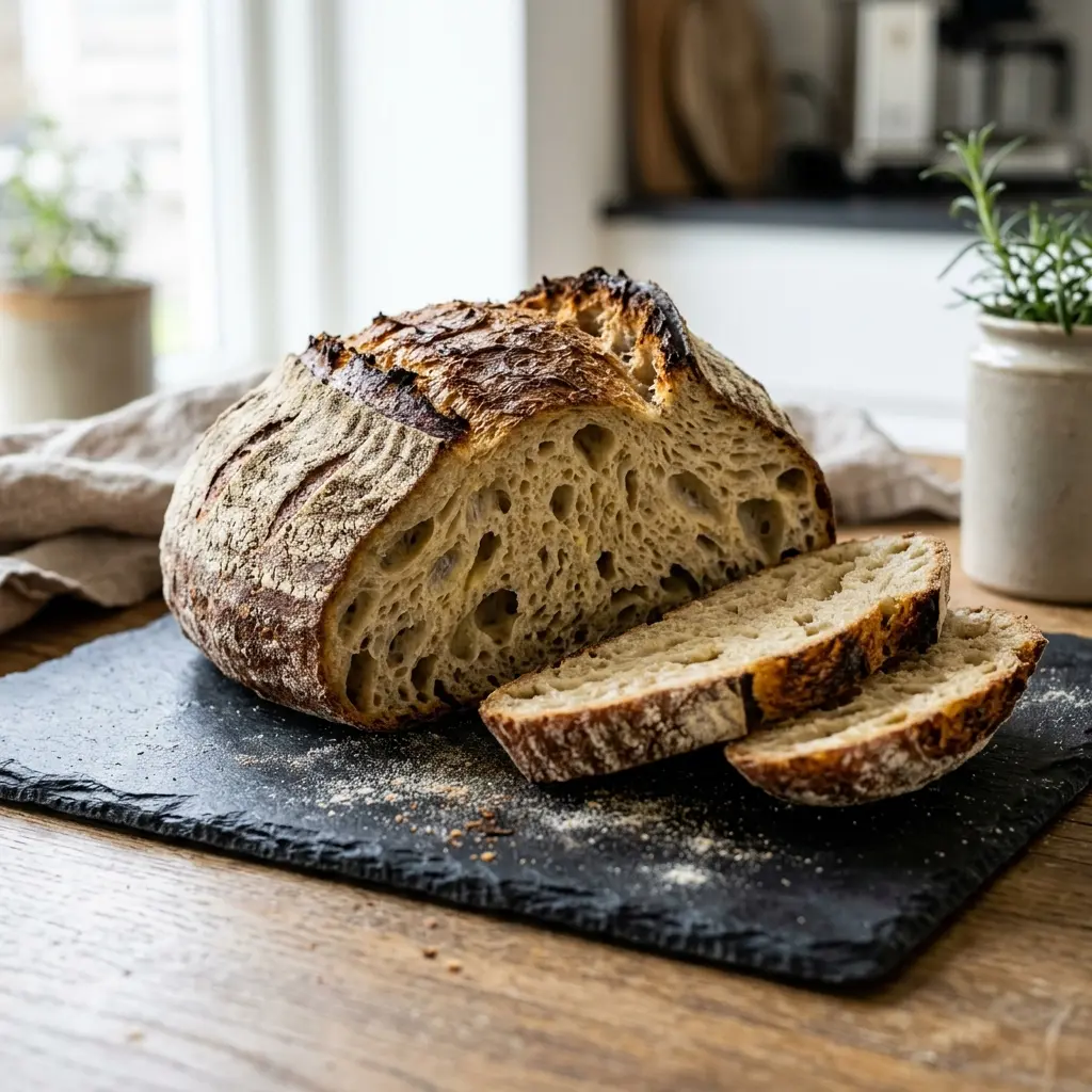 Nybakt surdeigsbrød servert og klar til å nytes