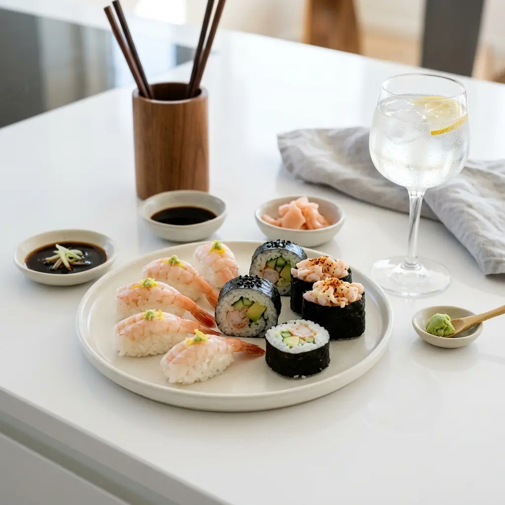 Nylaget sushi med reker servert på en appetittlig og hjemmelaget måte