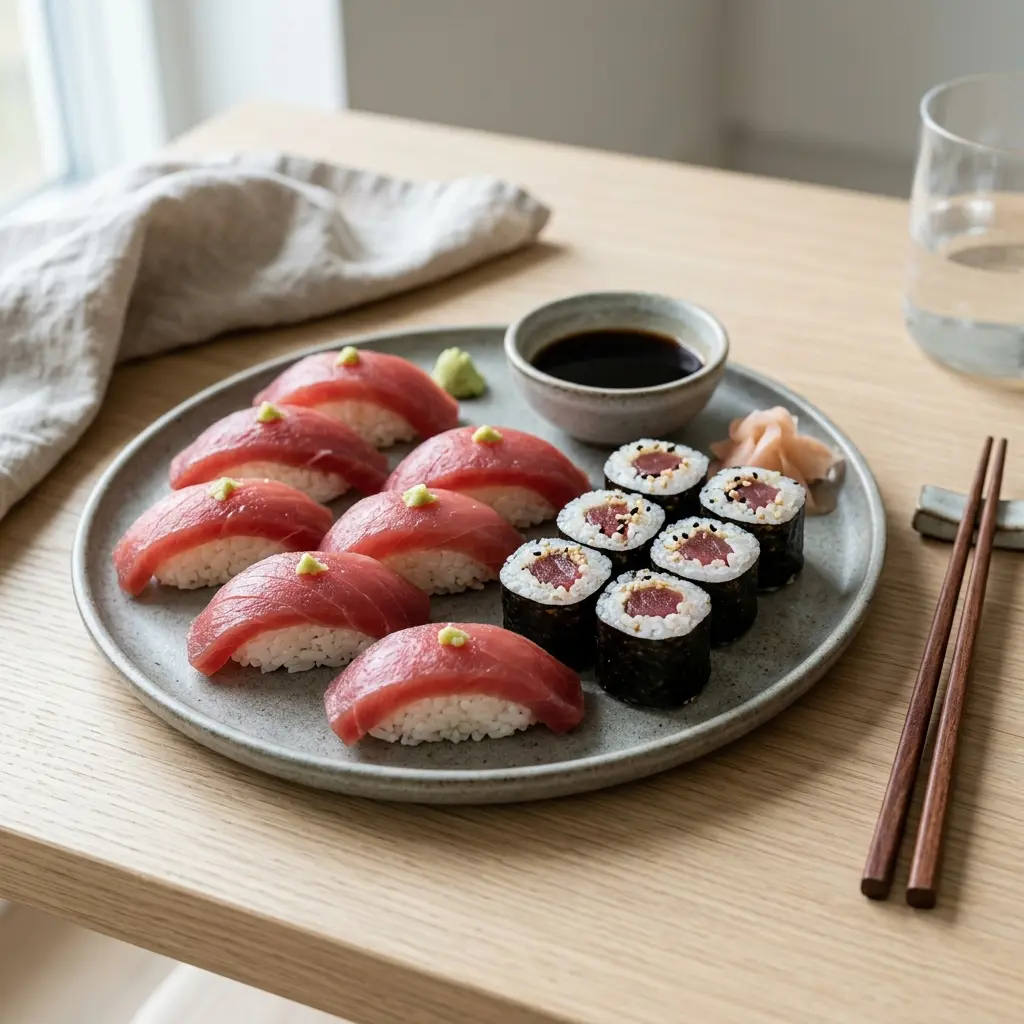 Sushi med tunfisk servert ferdig som hjemmelaget rett