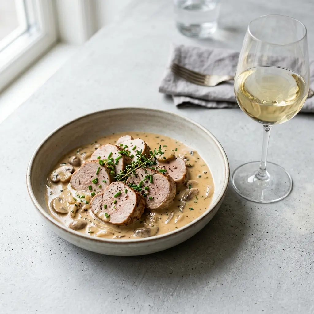 Nylaget svinefilet à la crème servert på en appetittlig og hjemmelaget måte