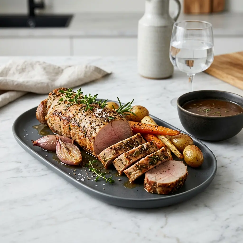 Nylaget svinefilet i ovn servert på en appetittlig og hjemmelaget måte