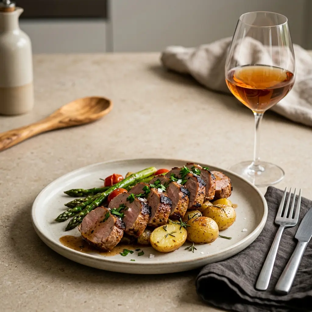 Nylaget svinefilet i stekepanne servert på en appetittlig og hjemmelaget måte