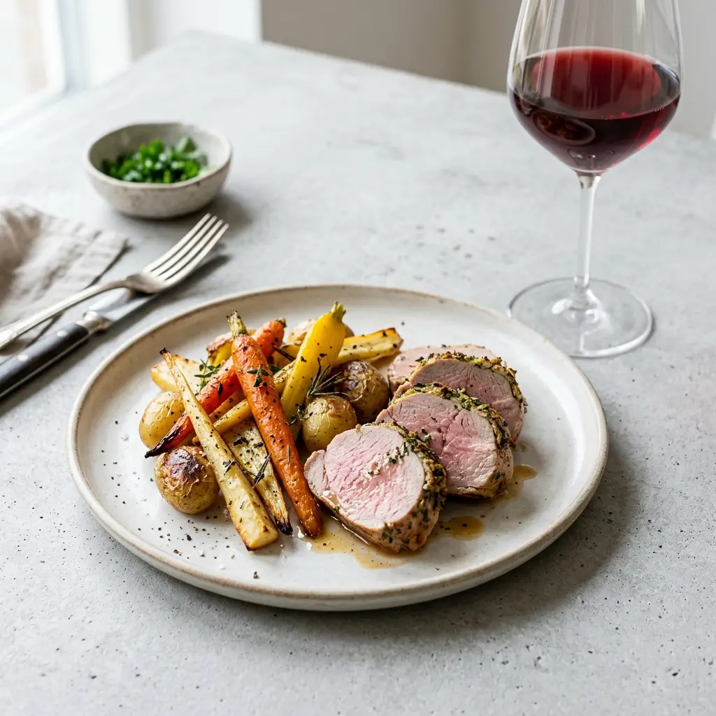 Nylaget svinefilet med rotgrønnsaker servert på en appetittlig og hjemmelaget måte