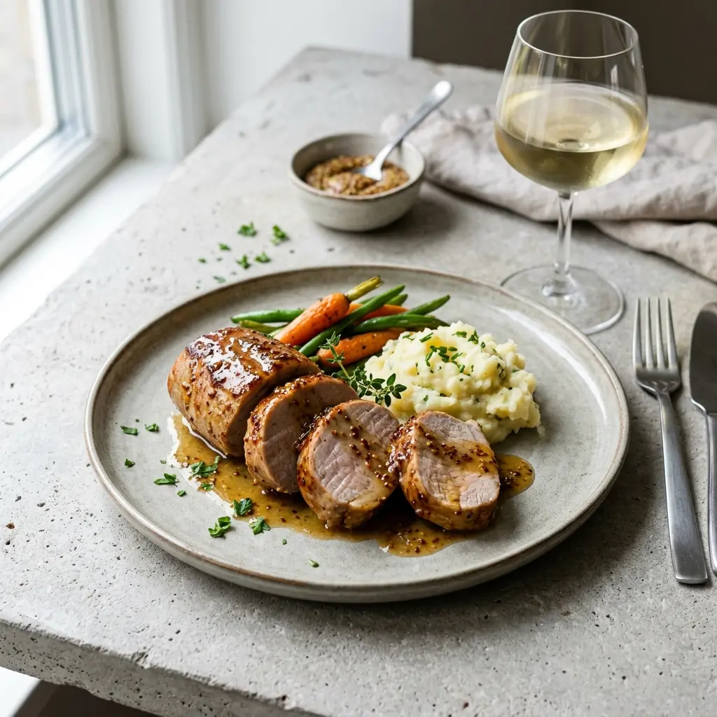 Nylaget svinefilet med sennep og honning servert på en appetittlig og hjemmelaget måte