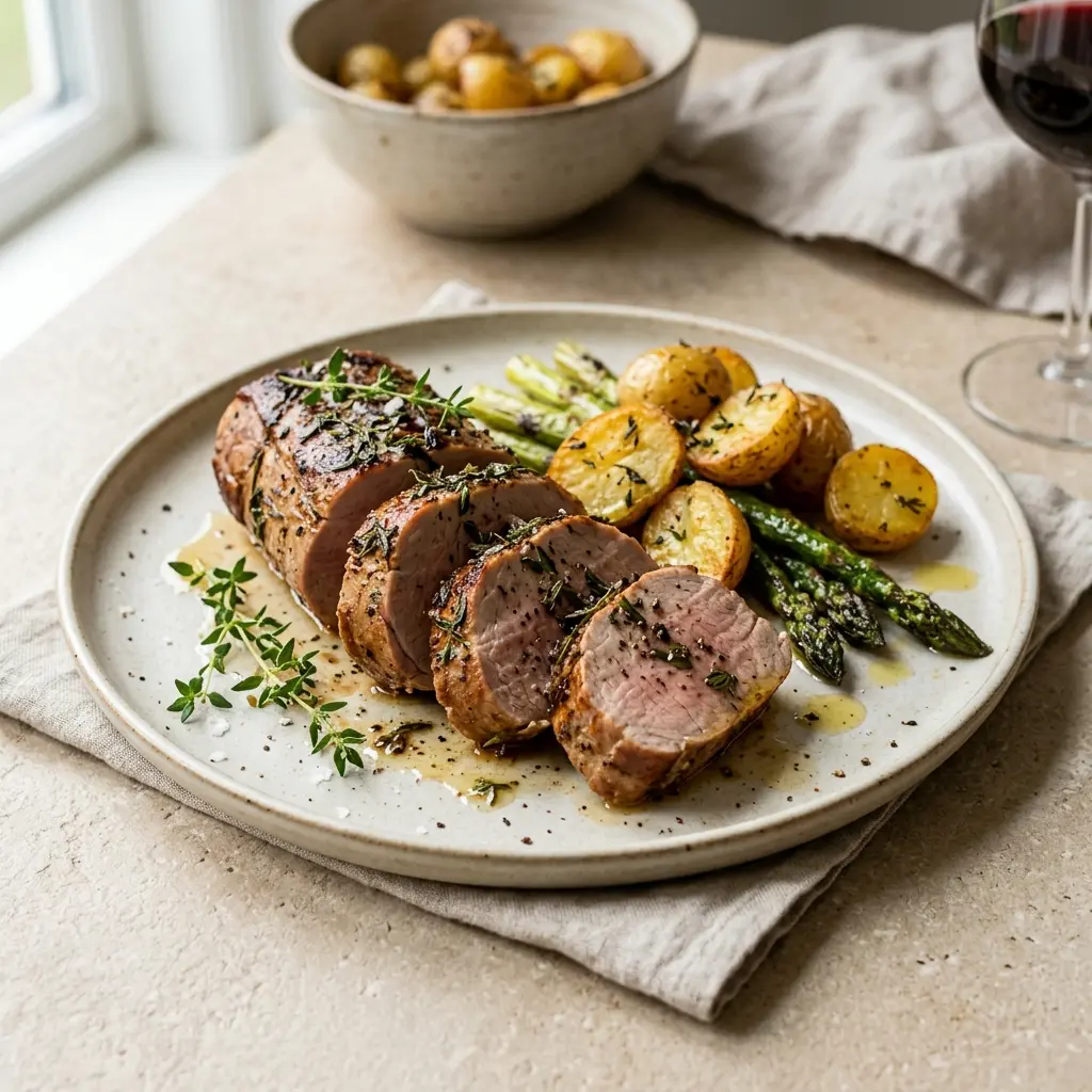 Nylaget svinefilet med timian servert på en appetittlig og hjemmelaget måte