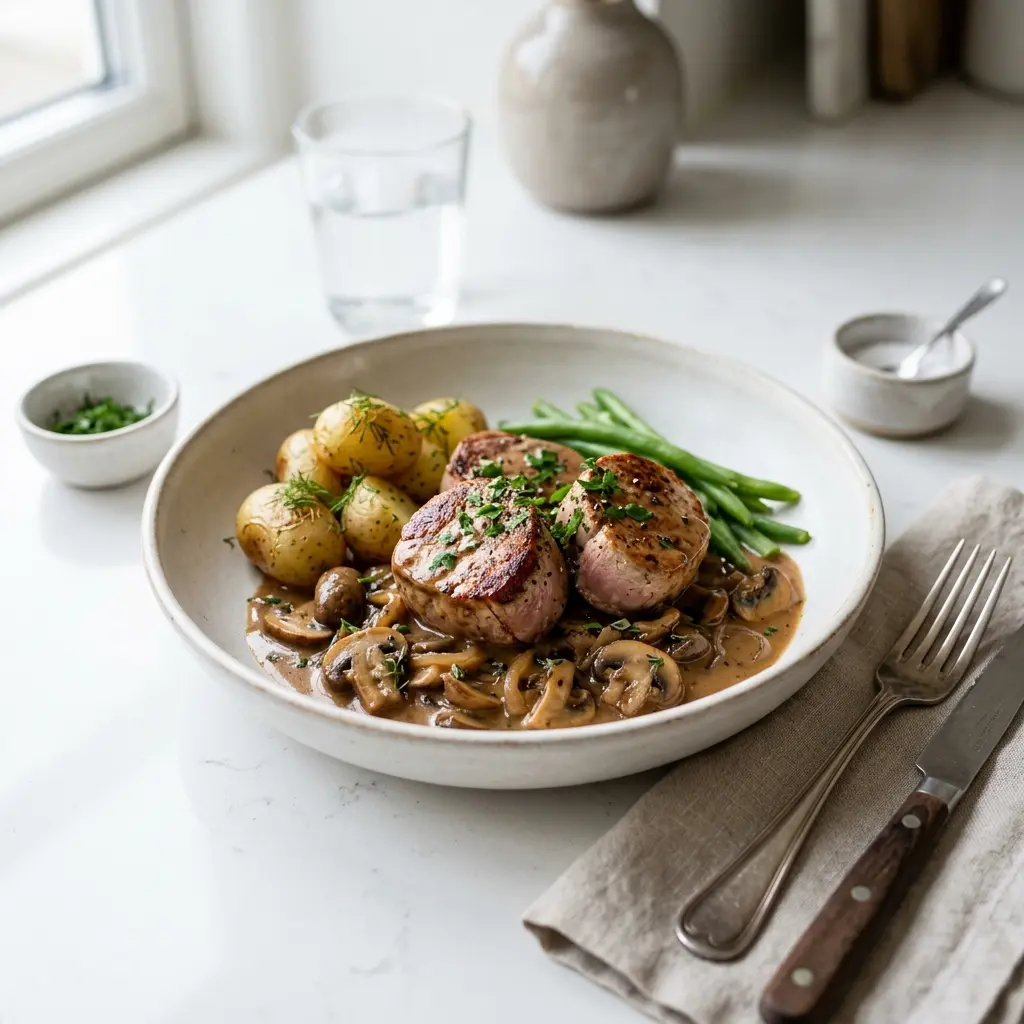 Nylaget svinefiletbiffer servert på en appetittlig og hjemmelaget måte