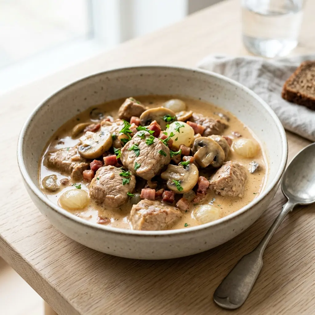 Nylaget svinefiletgryte med fløte servert på en appetittlig og hjemmelaget måte