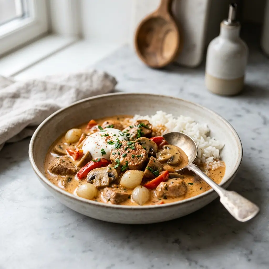 Nylaget svinefiletgryte med paprika servert på en appetittlig og hjemmelaget måte