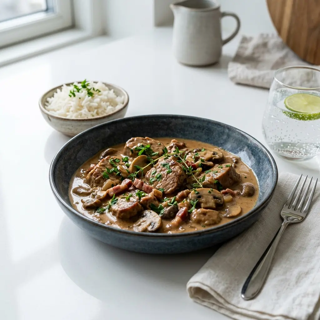 Nylaget svinefiletgryte servert på en appetittlig og hjemmelaget måte