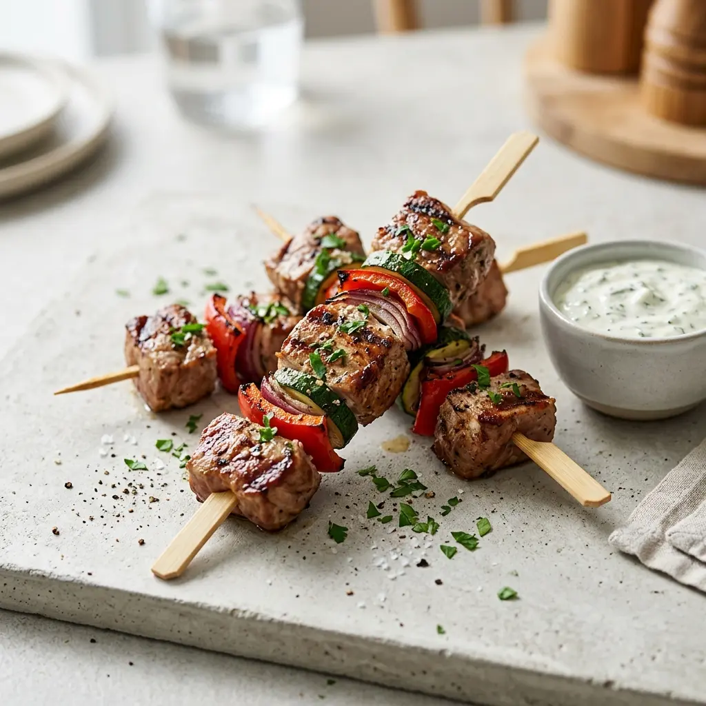 Nylaget svinefiletspyd servert på en appetittlig og hjemmelaget måte