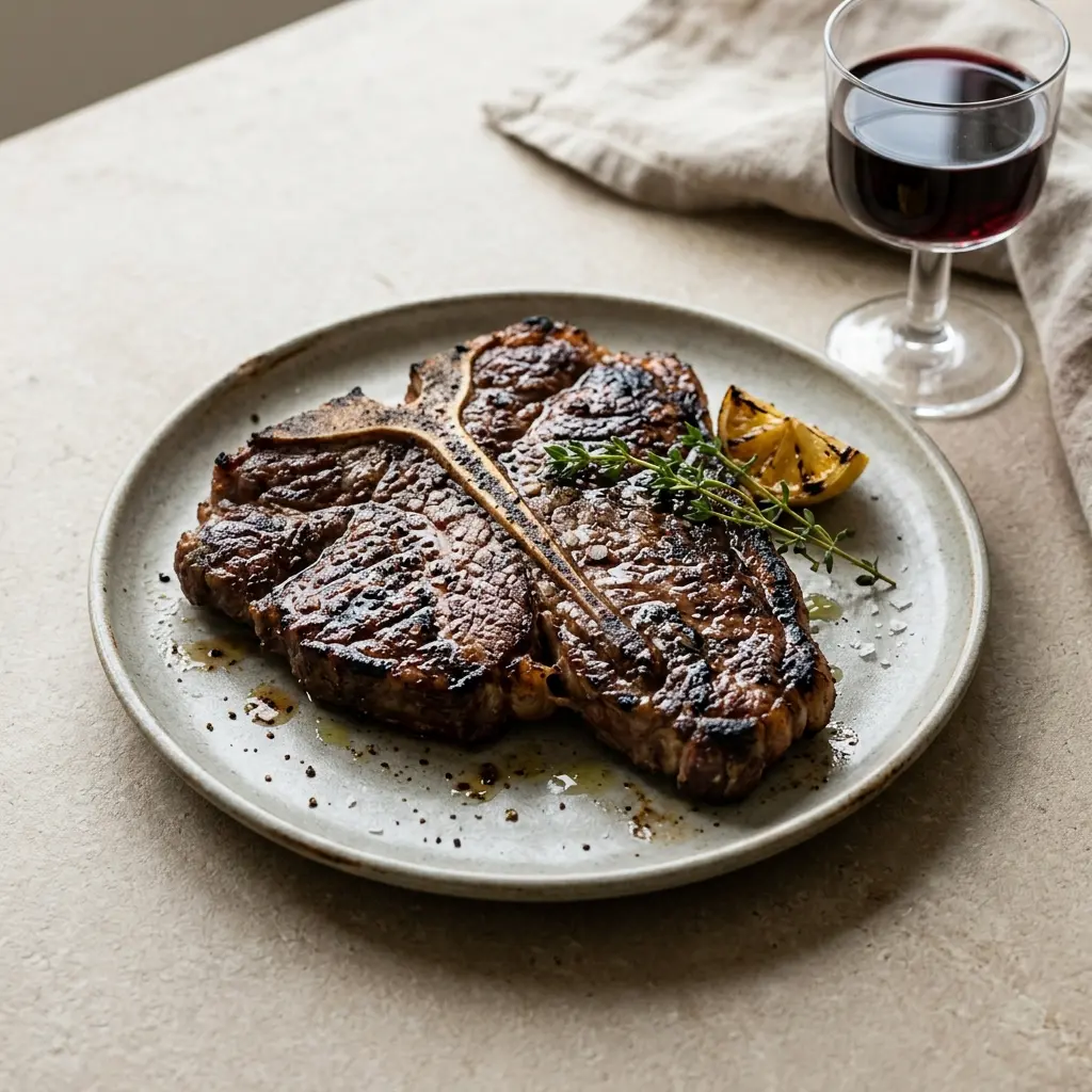 Nylaget t-bone steak på grill servert på en appetittlig og hjemmelaget måte