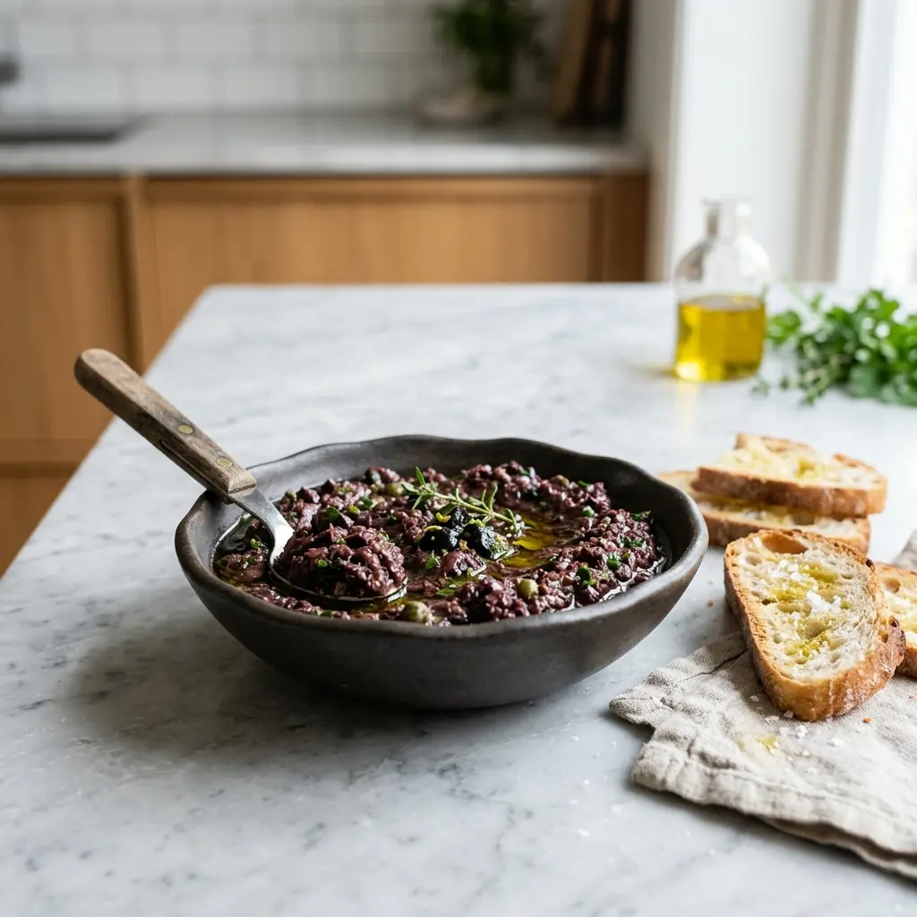 En skål med tapenade klar til servering som smakfullt tilbehør