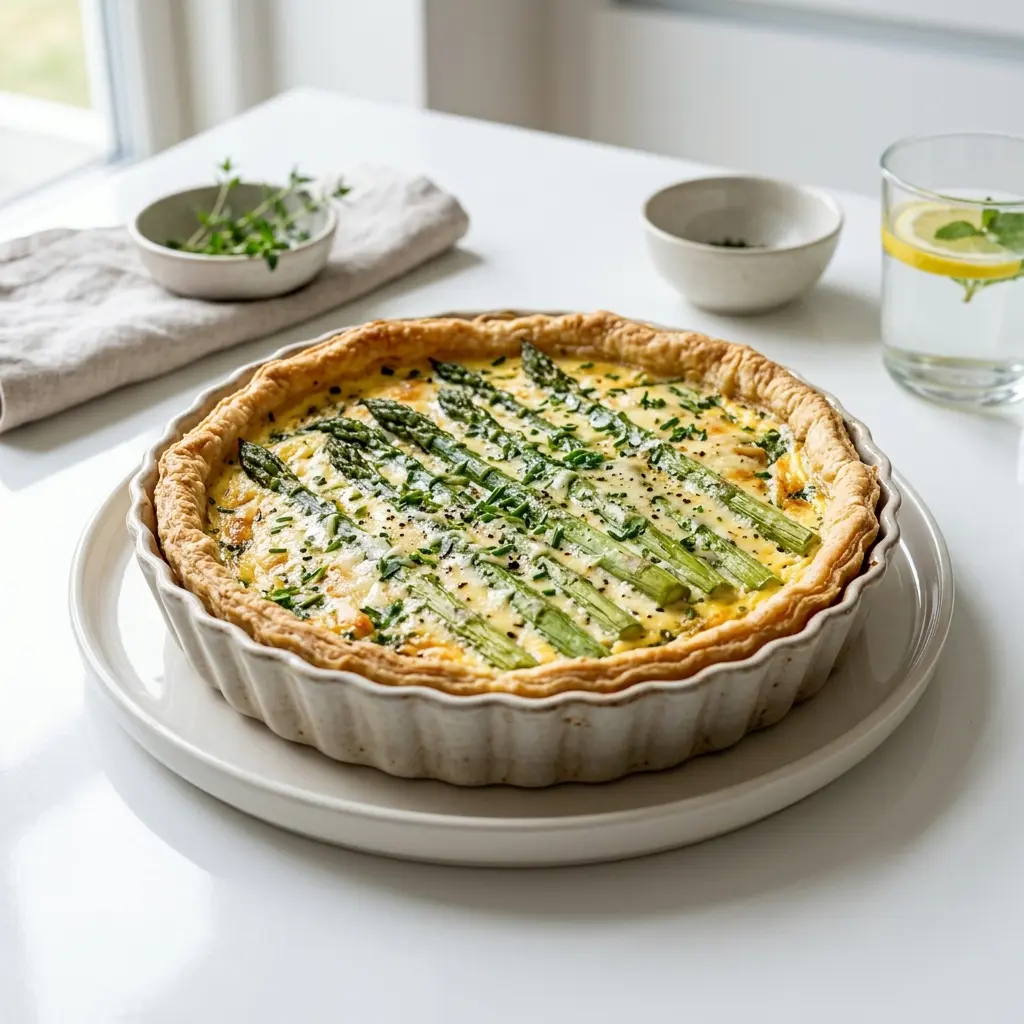 Nylaget terte med asparges servert på en appetittlig og hjemmelaget måte