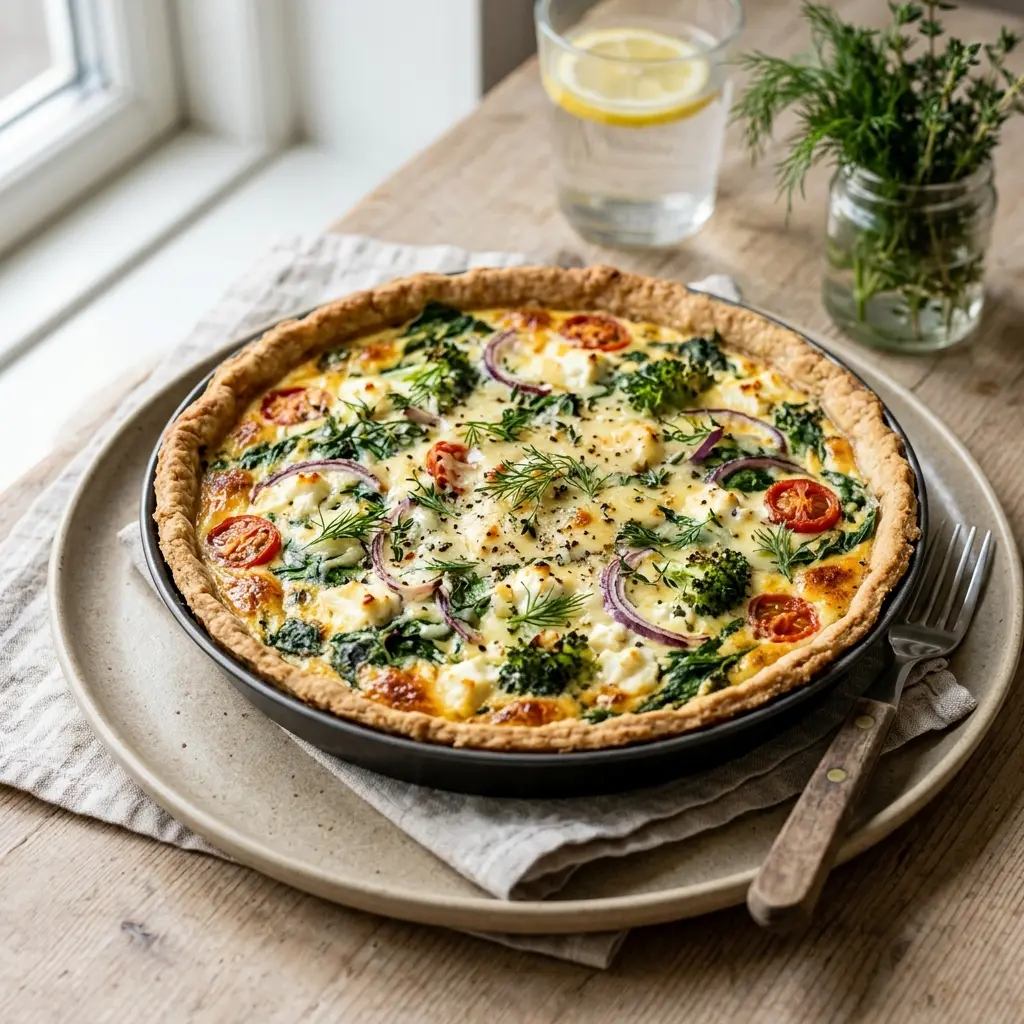 Nylaget terte med cottage cheese servert på en appetittlig og hjemmelaget måte