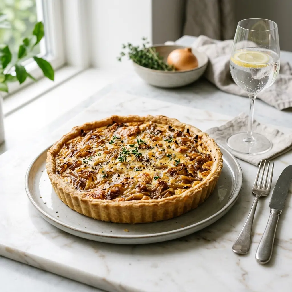 Nylaget terte med løk servert på en appetittlig og hjemmelaget måte