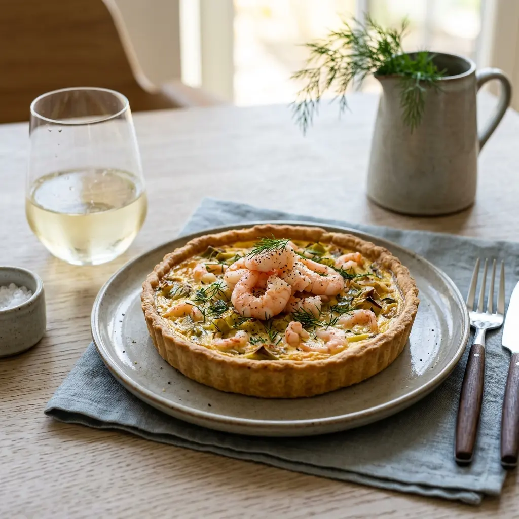 Nylaget terte med reker og purre servert på en appetittlig og hjemmelaget måte