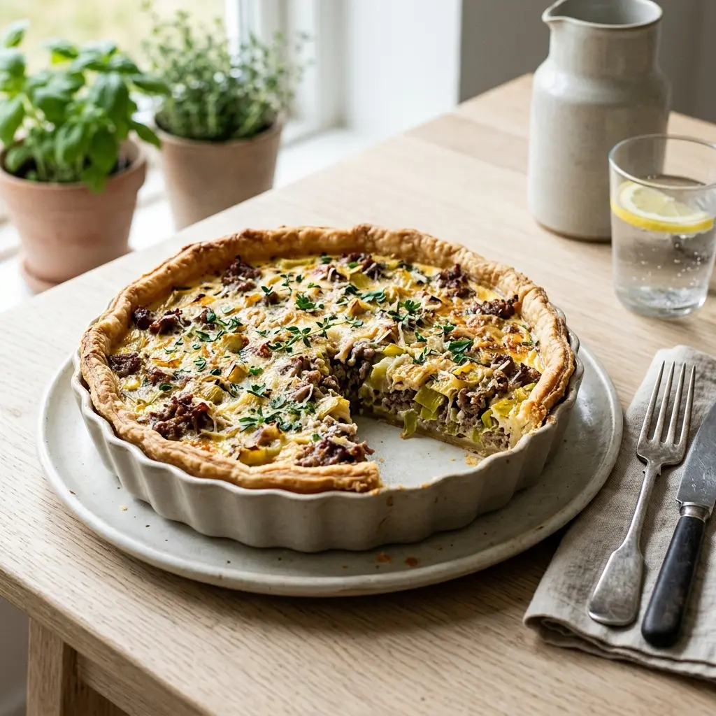 Nylaget terte med storfekjøtt og purre servert på en appetittlig og hjemmelaget måte
