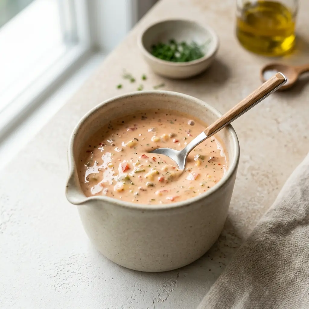 En skål med thousand Island-dressing klar til servering som smakfullt tilbehør