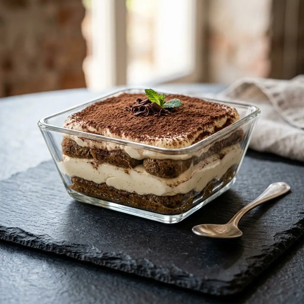Hjemmelaget tiramisu servert som en søt og innbydende dessert