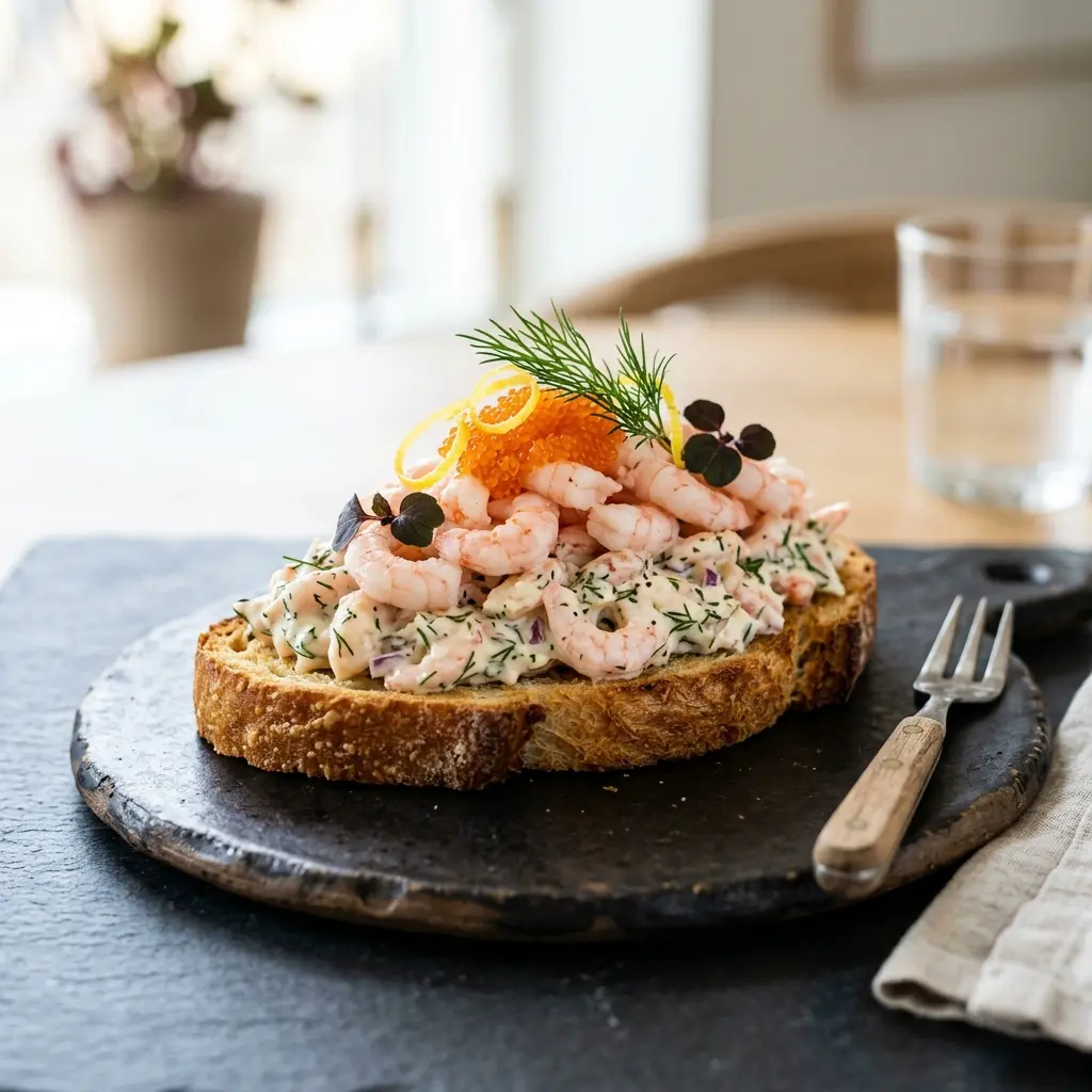 Nybakt toast Skagen med skalldyr servert og klar til å nytes