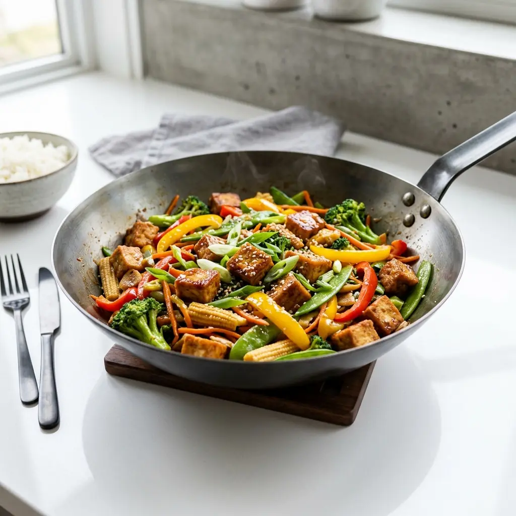 Nylaget tofu i wok servert på en appetittlig og hjemmelaget måte
