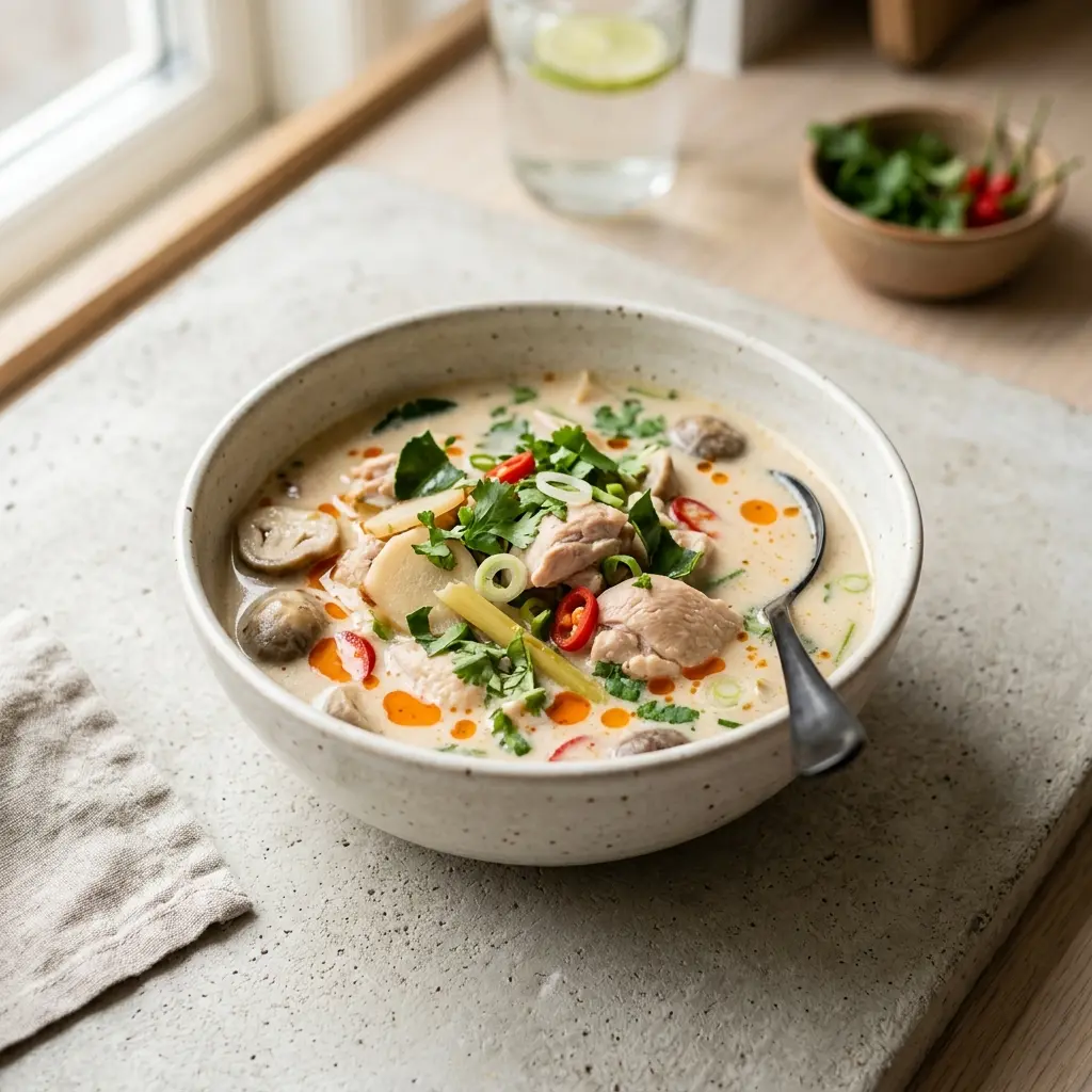 Nylaget tom kha gai med kylling servert på en appetittlig og hjemmelaget måte