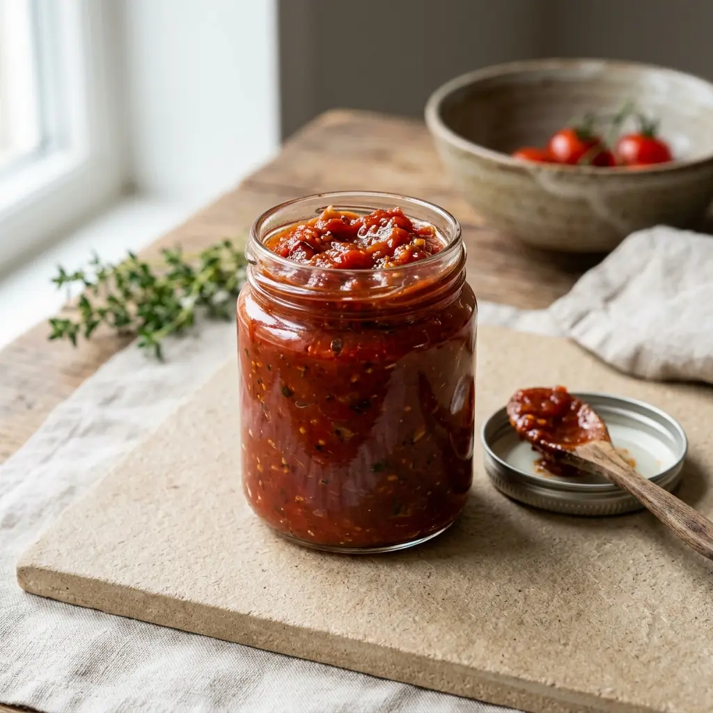 En skål med tomatchutney klar til servering som smakfullt tilbehør
