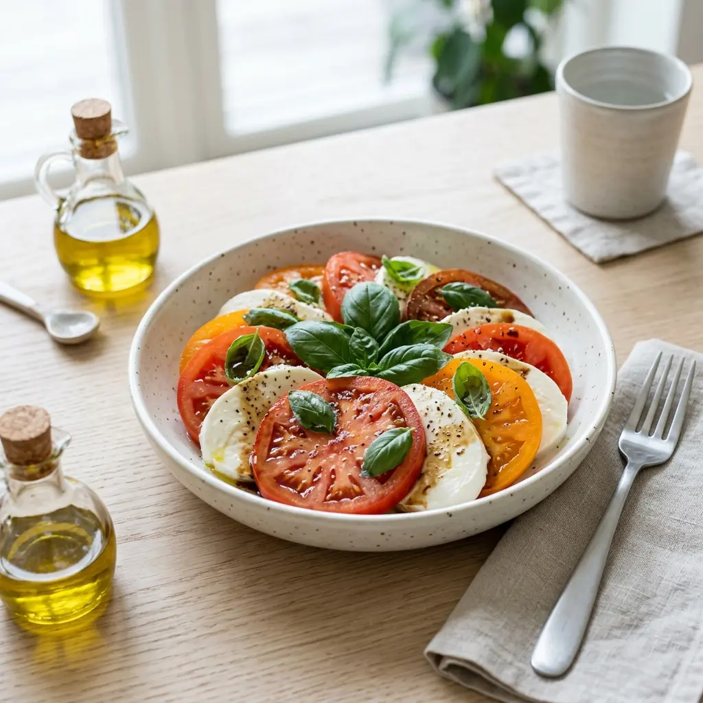 En frisk porsjon tomatsalat med mozzarella med ferske råvarer og fin servering