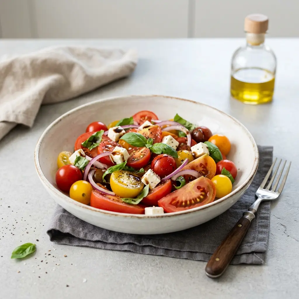 En frisk porsjon tomatsalat med ferske råvarer og fin servering