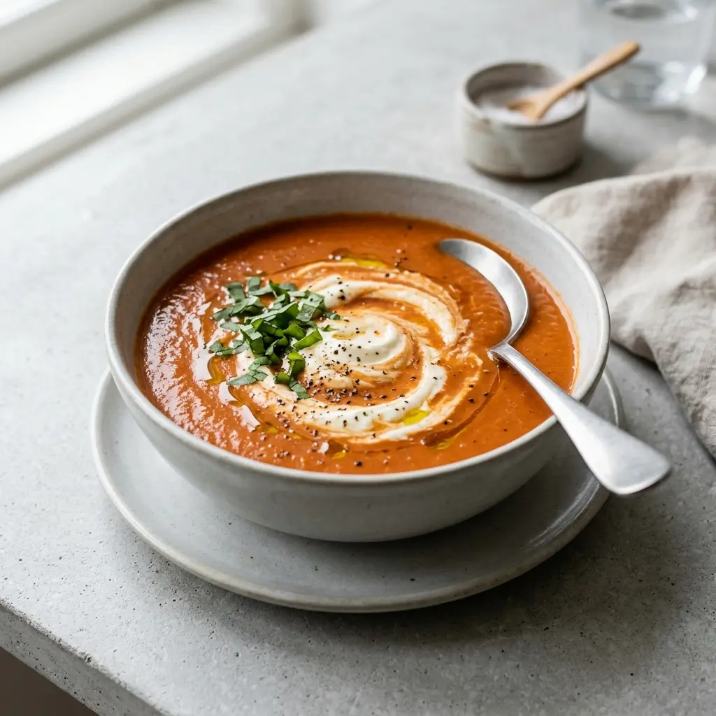 En varm porsjon tomatsuppe med mascarpone servert på en innbydende måte